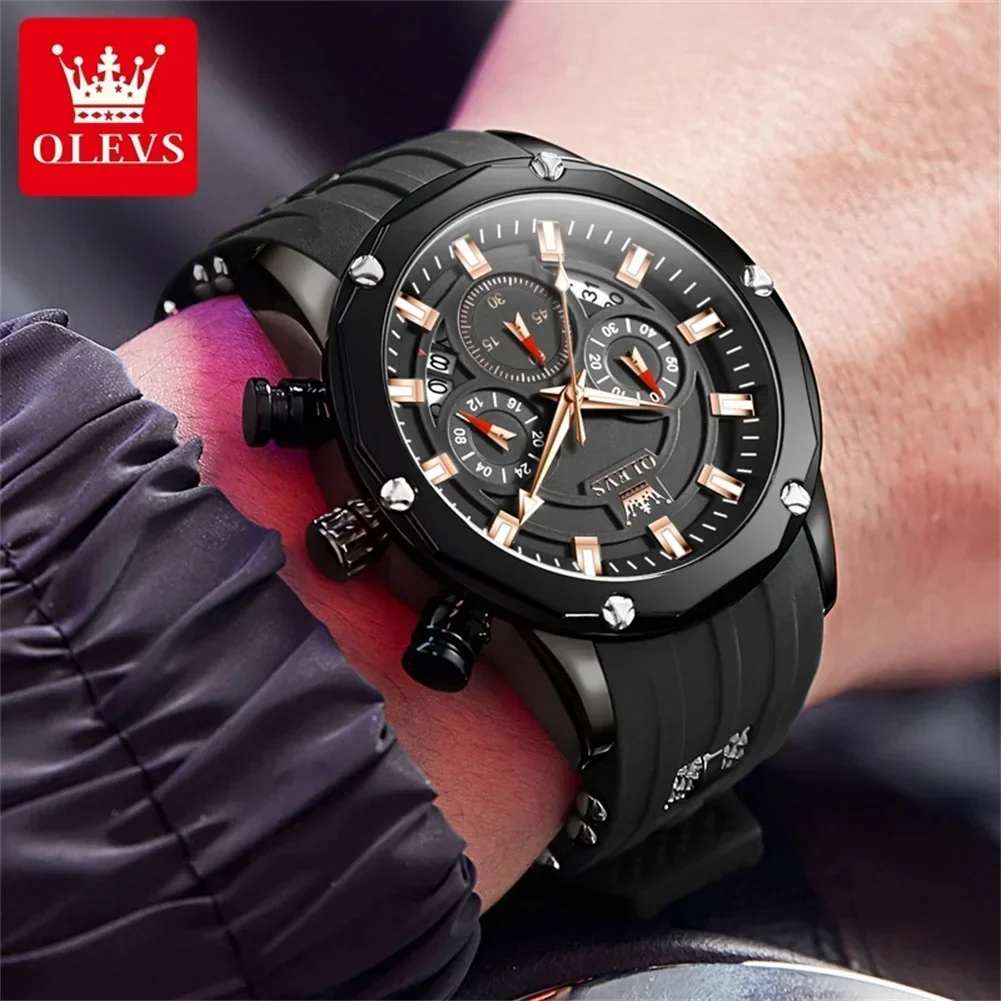 OLEVS montre à la mode pour hommes montres à Quartz originales pour hommes bracelet en Silicone chronographe Date multifonctionnel montre-bracelet de Sport masculin