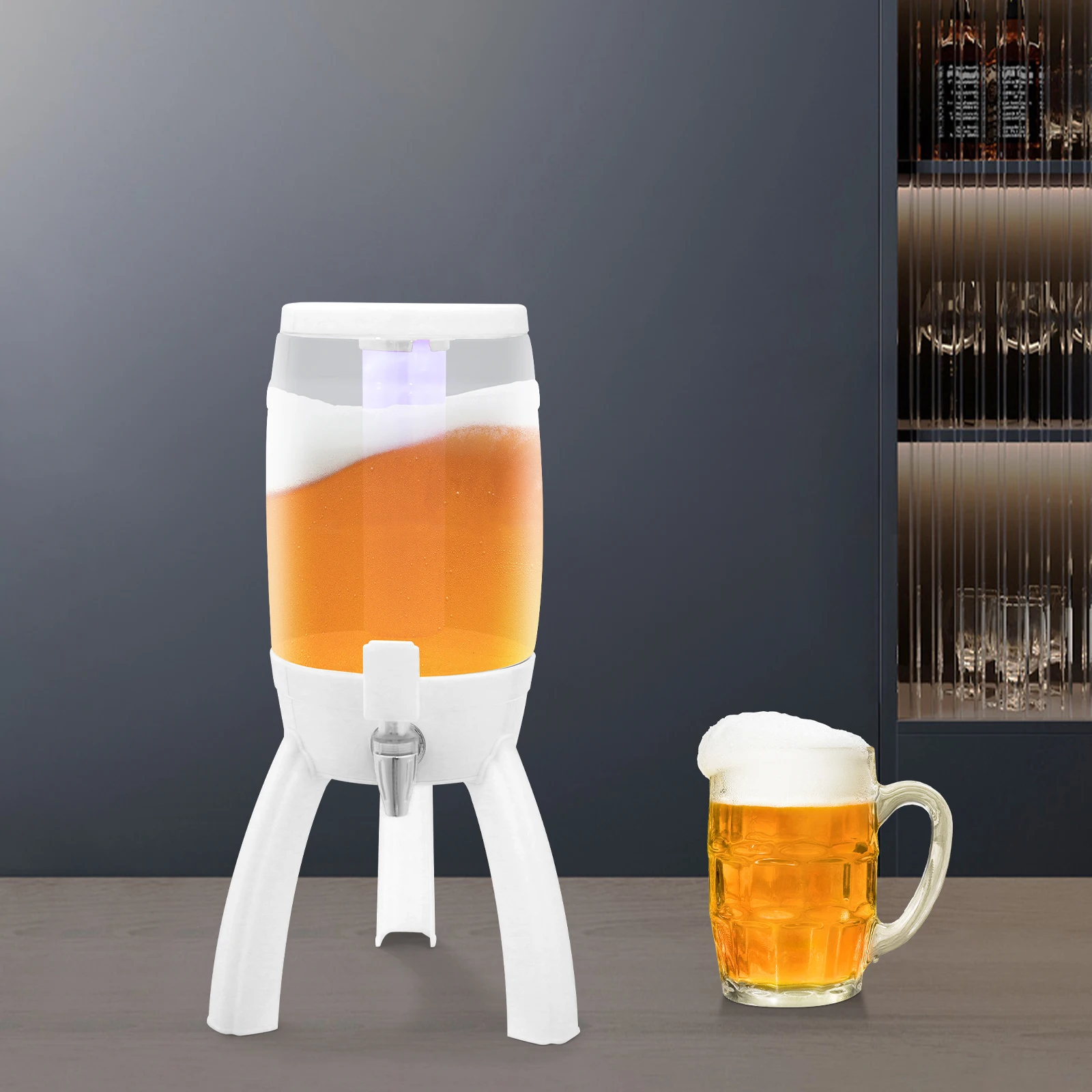 White ABS 3-liter Three-legged Draft Beer Barrel with Faucet LED Lamp Icicles Household Beer Dispenser
