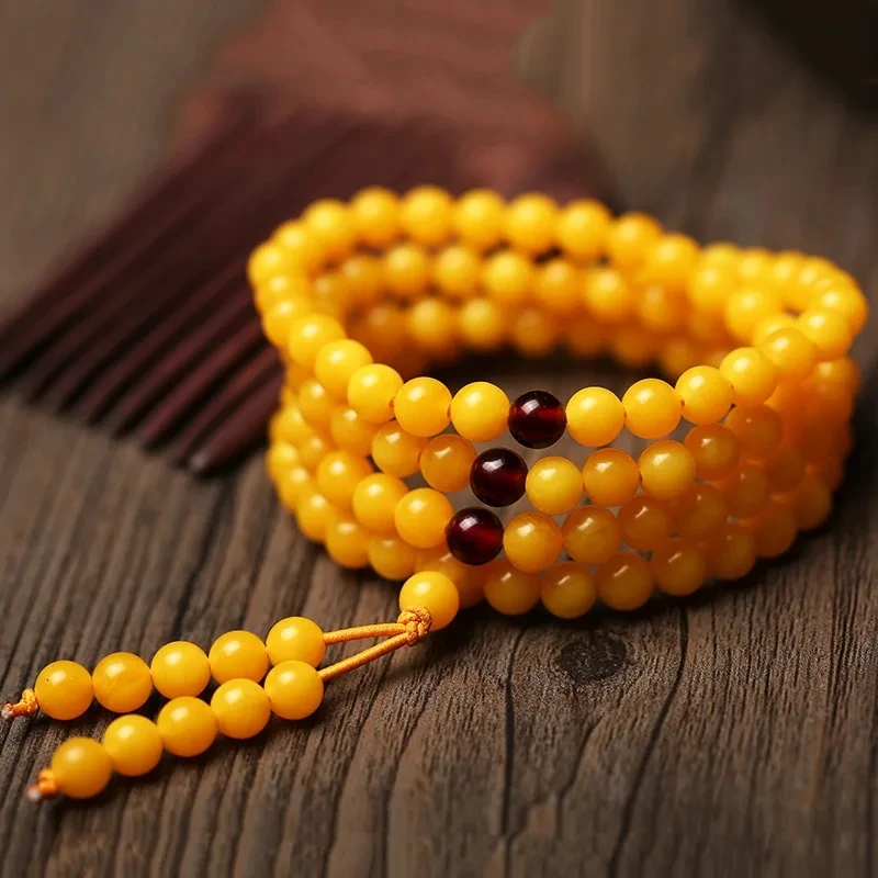 Pulsera de cera de abeja antigua del Báltico para hombre y mujer, brazalete amarillo de 108 cuentas, joyería de mano, cuentas de ámbar, regalo