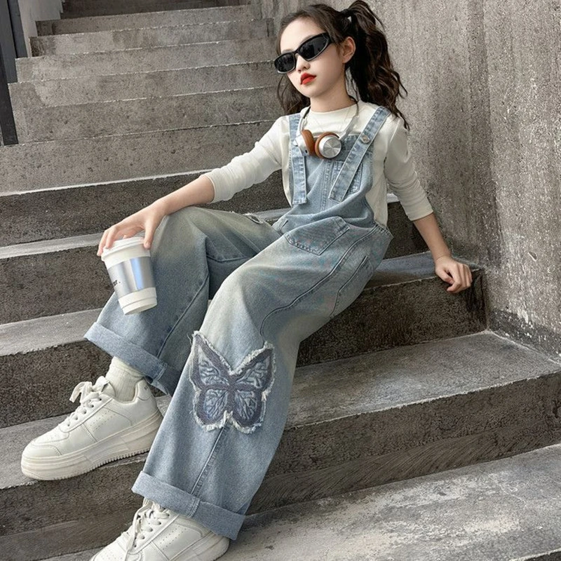 New Girls' Overalls Spring Autumn Children's Denim Overalls Casual Jeans Girls' Fashionable Bow Decoration Straight Leg Pants