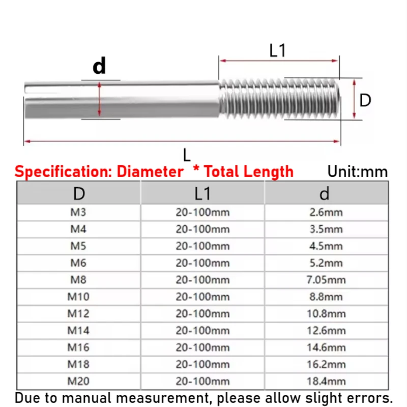 304 Stainless Steel M8 M10 M12 Single End Thread Rod Semi Threaded Cylindrical Rod Bolts Screws 50mm-500mm