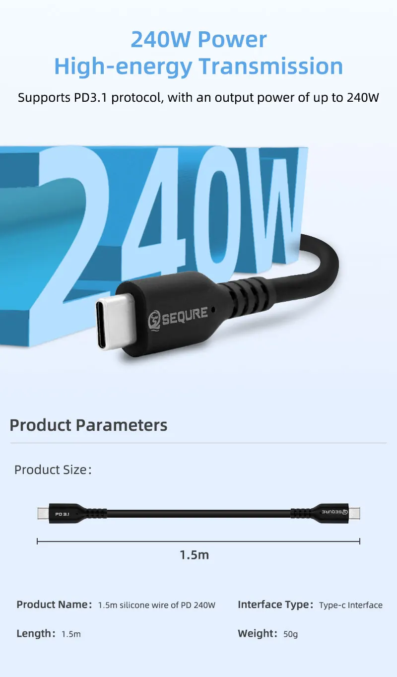 SEQURE 1.5M PD3.1 Extra Soft Silicone Wire Supports 240W Power for HT140 Anti-scalding Resistant to High Temperatures of 500℃