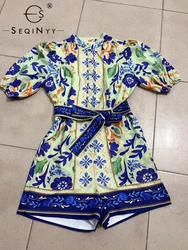 SEQINYY Elegant Short Suit Summer Spring New Fashion Design Women Runway Vintage Sicily Flower Print Belt Casual High Street