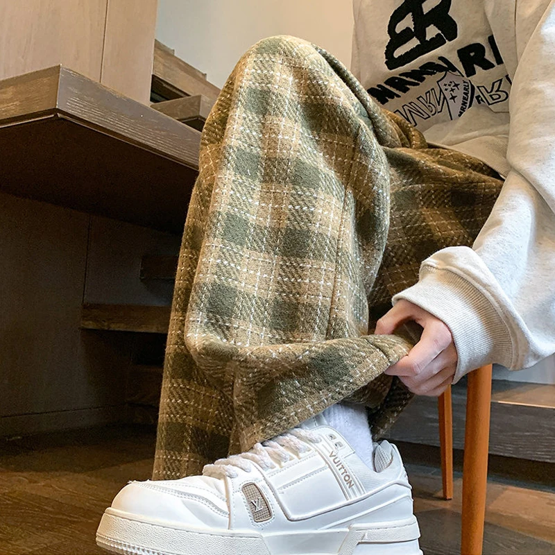 

Мужские широкие брюки в американском ретро-стиле из твида, оверсайз, прямого кроя, повседневные, молодежные, весна-осень