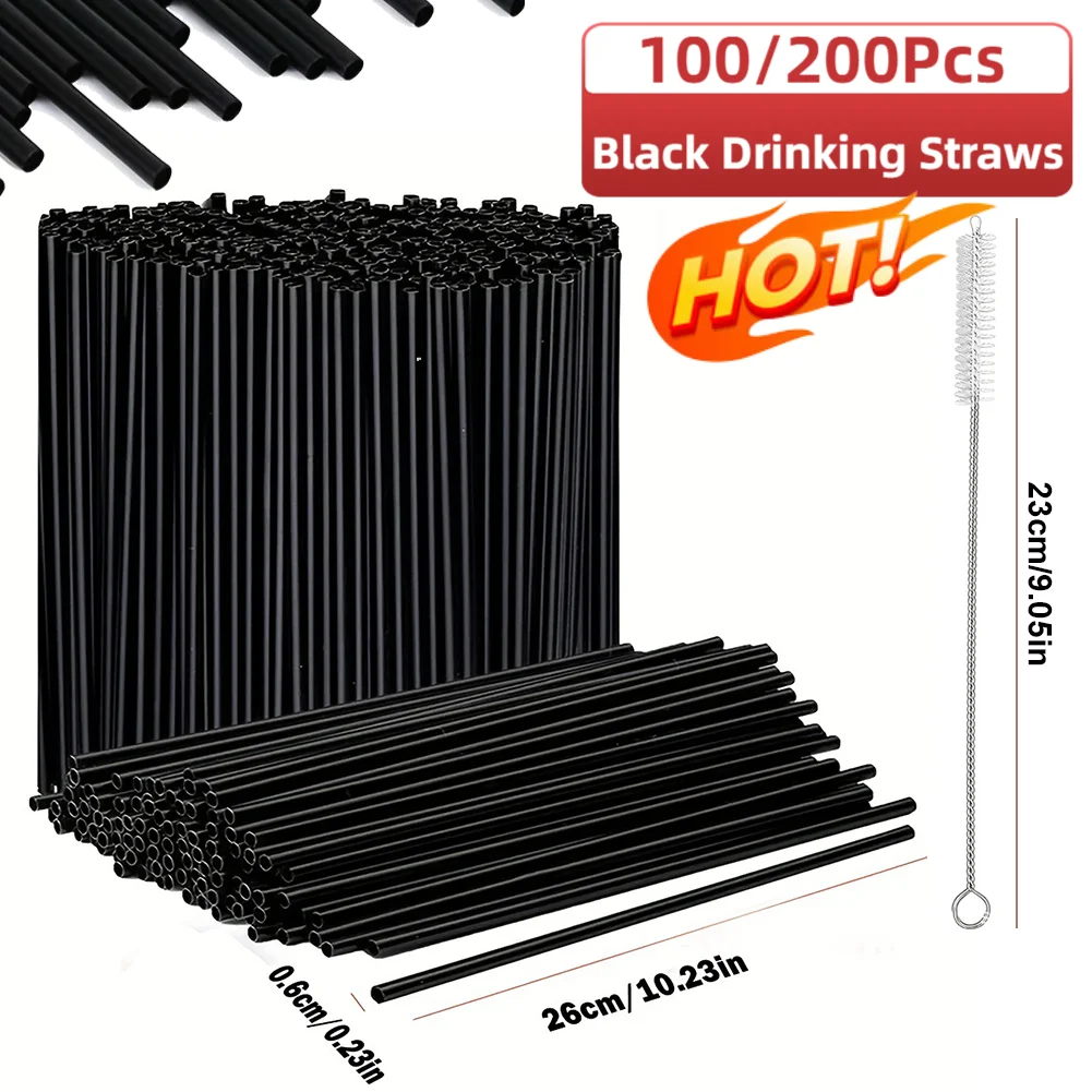 100/200 Stück schwarze Trinkhalme mit Strohhalmbürste, flexibler Kunststoff-Strohhalm, wiederverwendbare Milchshake-Strohhalme, Hochzeit, Partyzubehör, Strohhalm