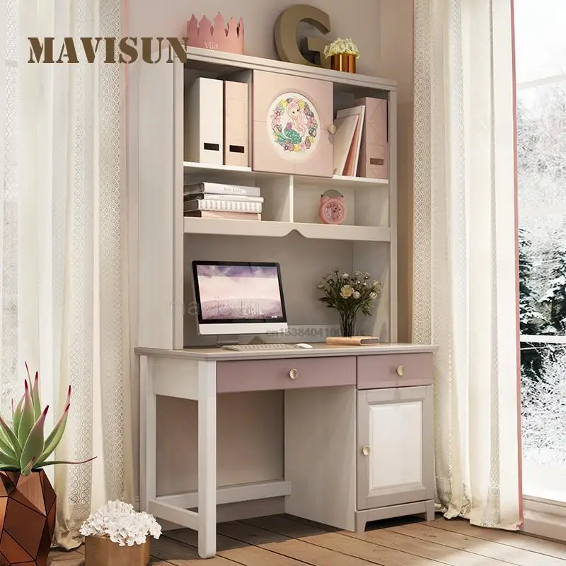 Girl Liked Lovely Pink Solid Wood Learning Desk Simple Household Student Writing Desk And Bookcase Combination Home Furniture