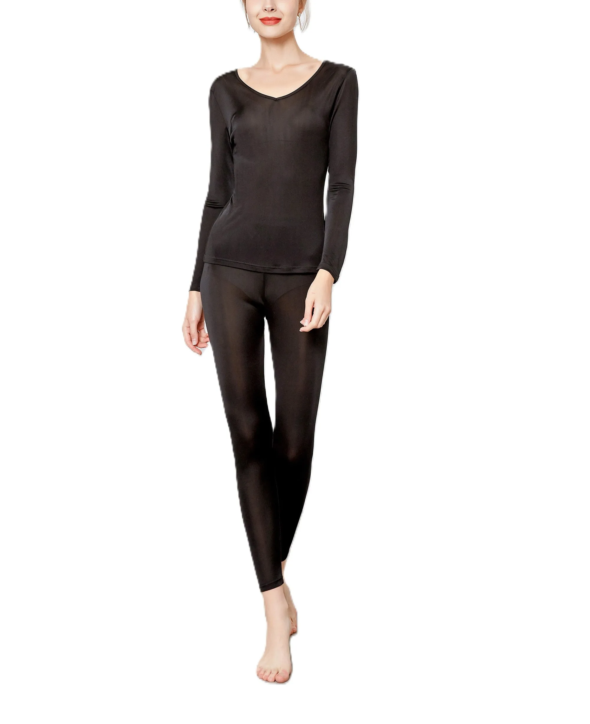Women's Silk Long Johns V-Neck Pure Silk Thermal Underwear Sets for Winter Base Layer