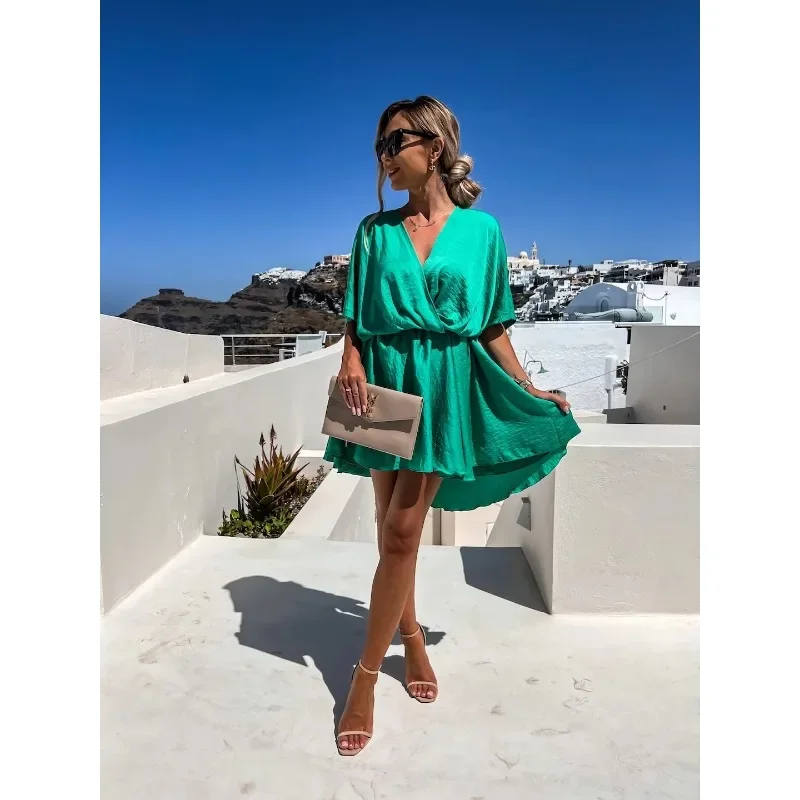 Women's Spring/Summer Commuter Dress Fashion V-neck Short Sleeved Solid Satin Loose Dress Leisure Vacation Party Women's Dress