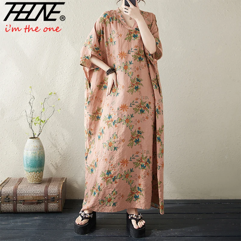 Vestidos de Verano para Mujer Talla Grande, Vestido Estampado de Algodón y Lino, Estilo Bohemio, Floral, Casual, Vintage, Playero, Holgado, Largo, Maxi