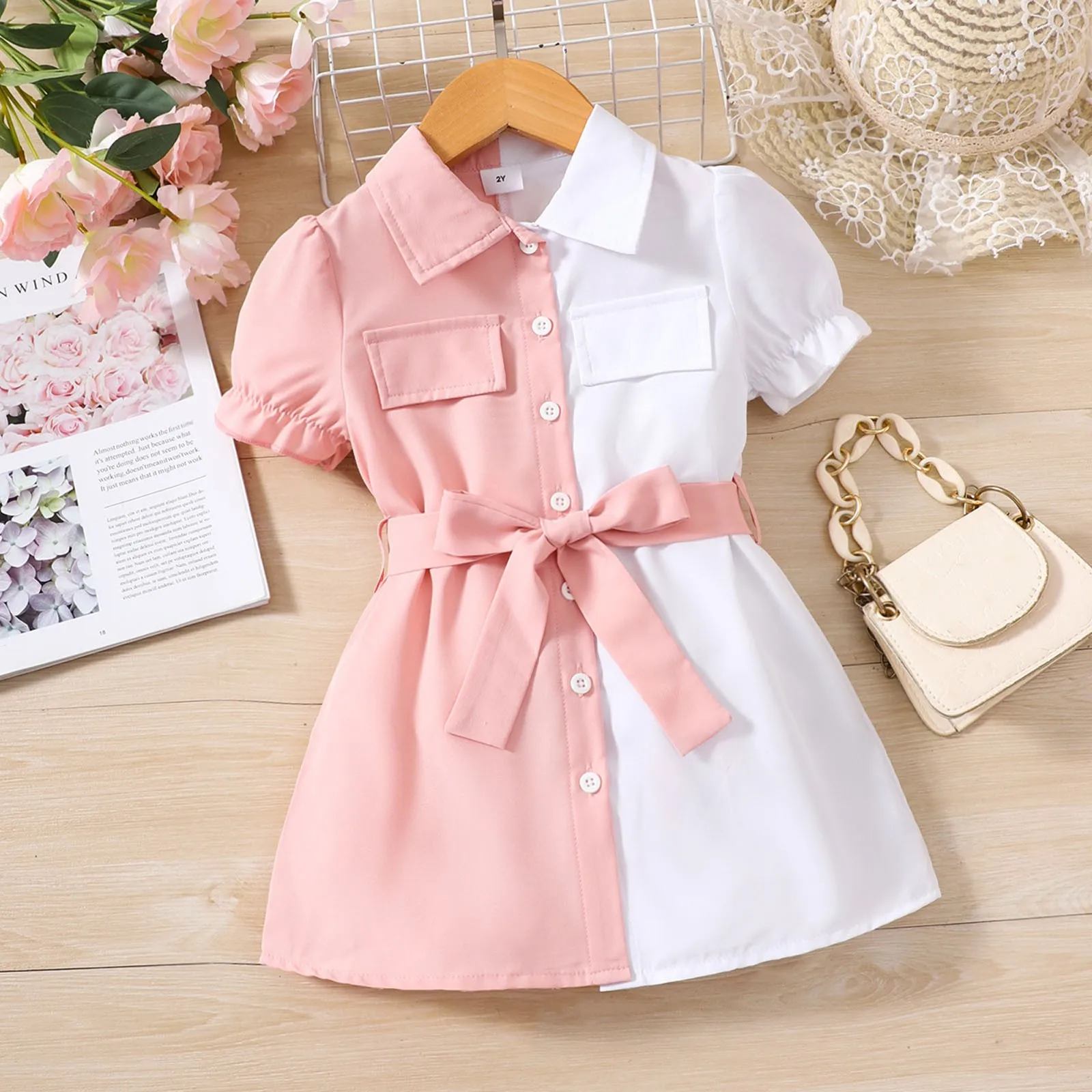 Kids Casual Shirt Dress for Girls Summer 2023 New Toddler Short Sleeve Button Princess Dress Children Clothing 1 2 3 4 5 6 Years