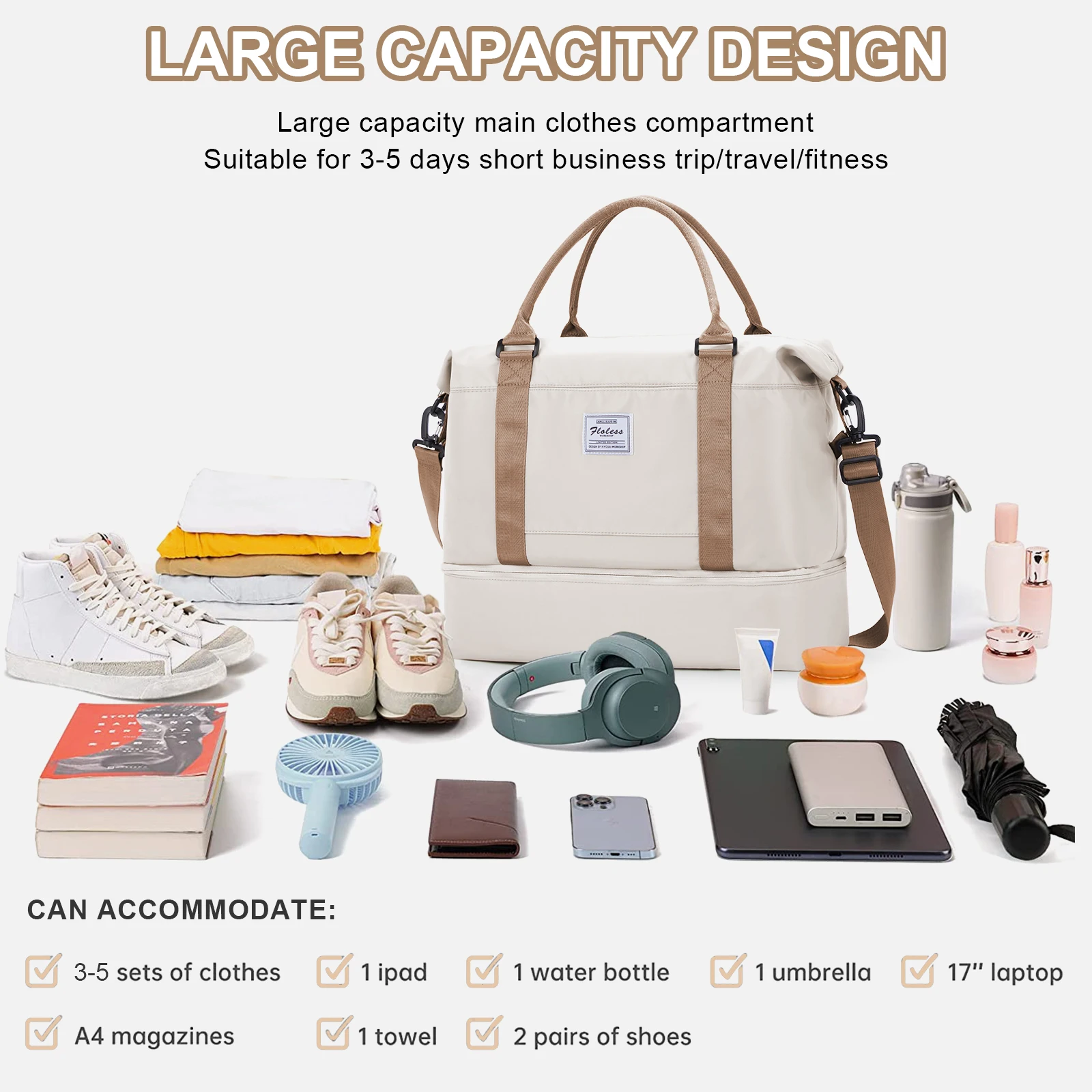 Torba podróżna, torba sportowa na siłownię Torba na ramię Weekender Overnight Bag dla kobiet, torba do noszenia z mokrą kieszenią Rozszerzalna torba — zdjęcie 4