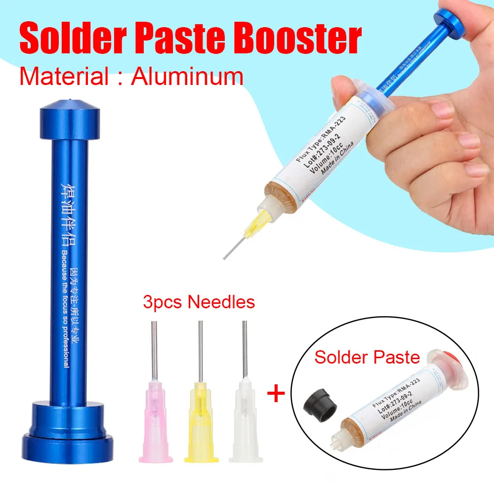 Aluminum Alloy Push Rod Tube Solder Paste Flux Booster Manual Syringe Flux Booster Rod Dispenser Propulsion Tool + 3pcs Needles