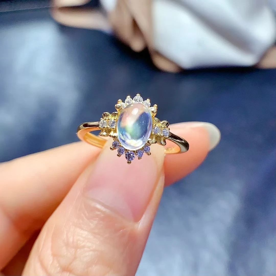 Solid 925 Silver Moon Stone Ring 5mm*7mm 0.7ct Natural Moon Stone Silver Ring for Daily Wear 3 Layers 18K Gold Plating