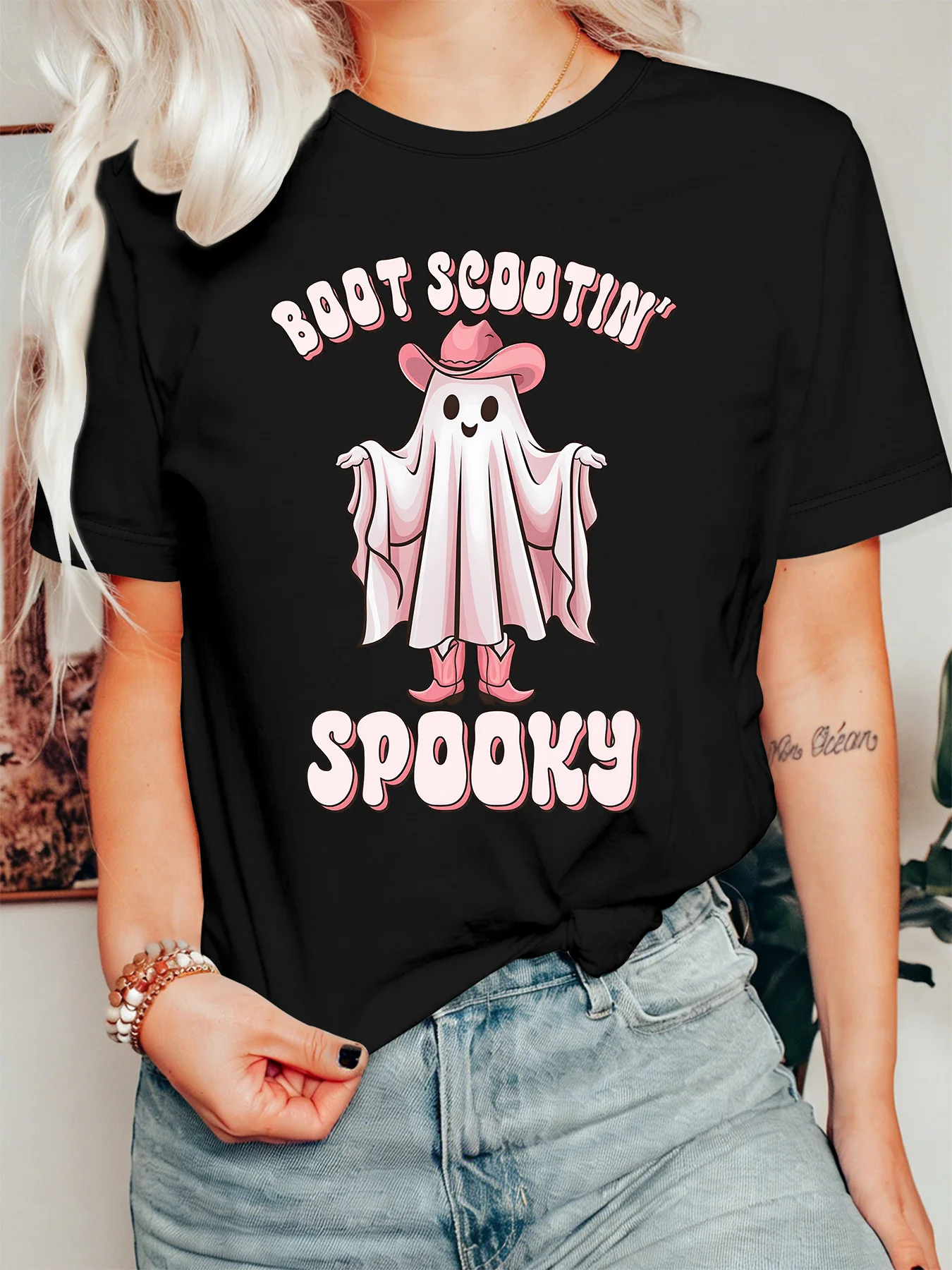 Halloween Cowboy Womens T Shirt Boot Scootin Spooky Cute Ghost Western Style Cartoon Graphic Short Sleeve O Neck Daily Wear Tops