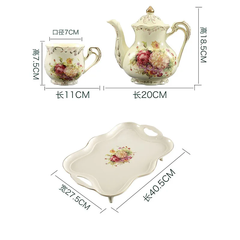 European Painted Flowers Porcelain Cup and Saucer Set Coffee Tea Cup Ceramic Teapot Living Room Decor Gilded Tea Set Ornaments