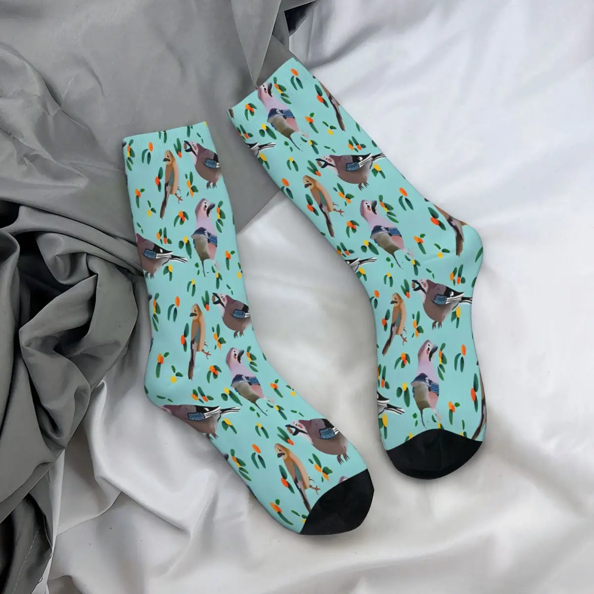 Eurasian Jay Birds Cute Grey And Aqua Bird Illustration Pattern Socks Male Mens Women Autumn Stockings Polyester