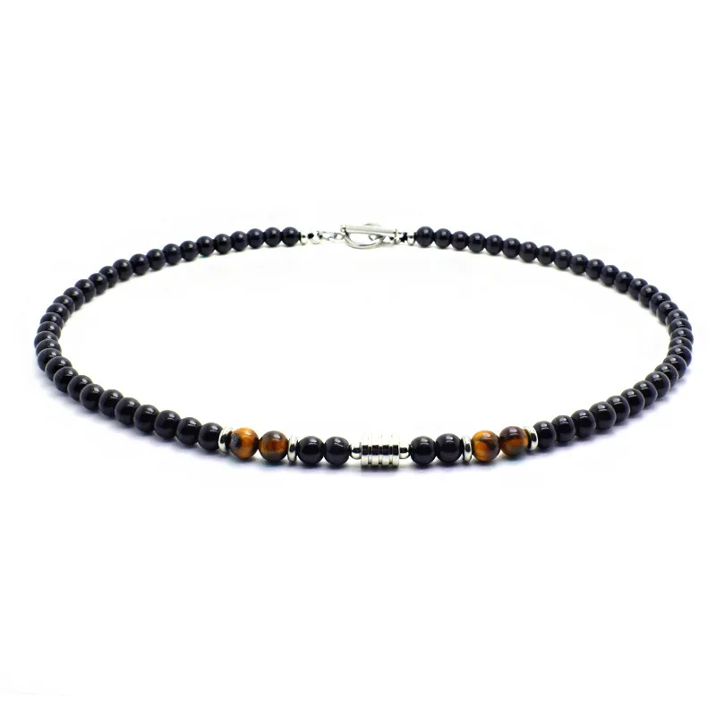 Natural Tiger Eye Stone Black Beads Choker Necklace for Men Stainless Steel Bead Hip Hop Neck Chain Men Jewelry Accessoriees New