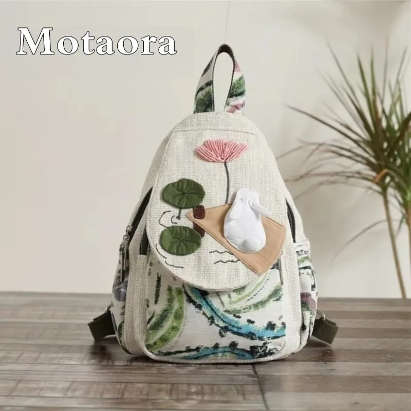 MOTAORA Casual Canvas Backpack Women's Lightweight Travel Shoulder Bag Rabbit Pattern Multi Compartment Handbag Purse