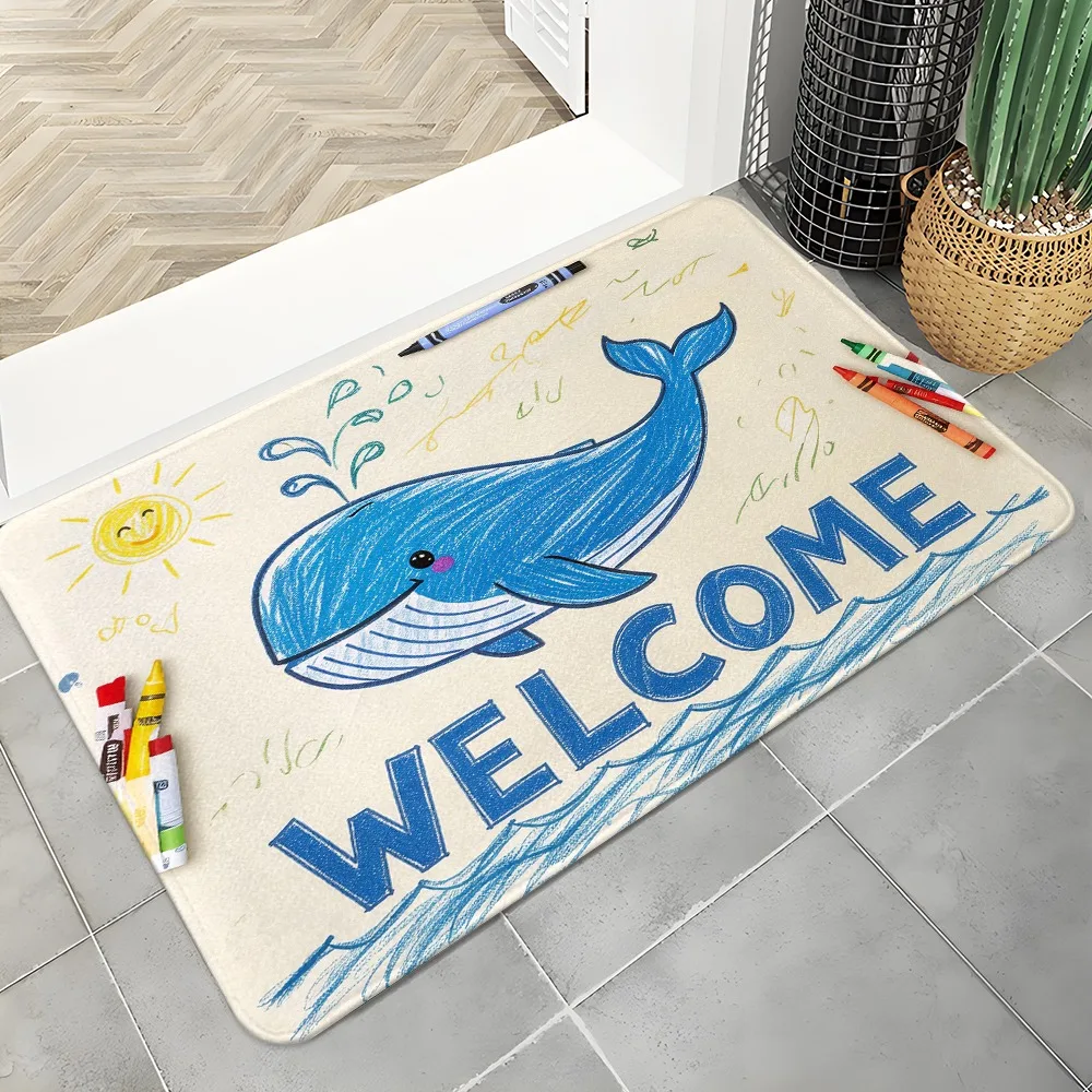 Whale welcome design doormat childlike painting style blue whale sun crayon non-slip entrance living room machine washable