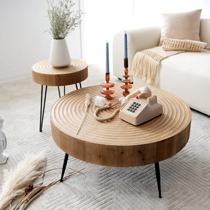 2-Piece Modern Farmhouse Living Room Coffee Table Set, Nesting Table Round Natural Finish w/ Handcrafted Wood Ring Motif,Natural