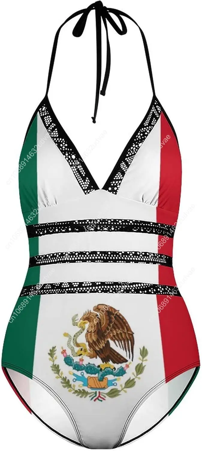 สตรี One Piece ชุดว่ายน้ําเม็กซิโกเม็กซิกันธง V คอตาข่ายชุดว่ายน้ํา Monokini