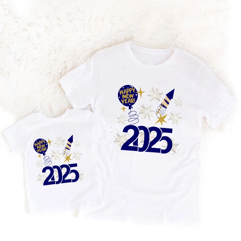 Hello 2025 Happy New Year Family Matching Outfits Dad Mom Kids Shirt Baby Bodysuit Family Clothes New Year Party Family Outfits