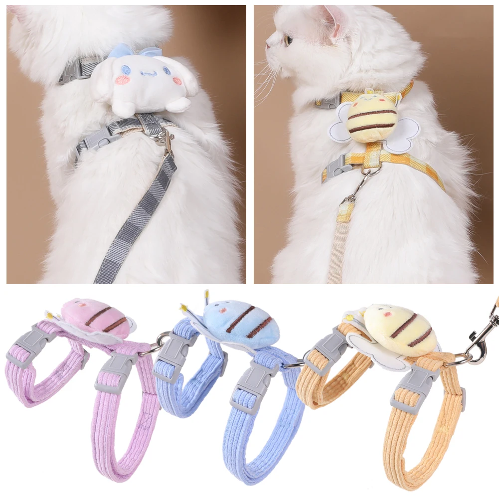 Cat Harness Leash Collar Set Adjustable Cartoon Bee Double Layer Dog Harness for Small Medium Pet Collar Leash Outdoor Walking