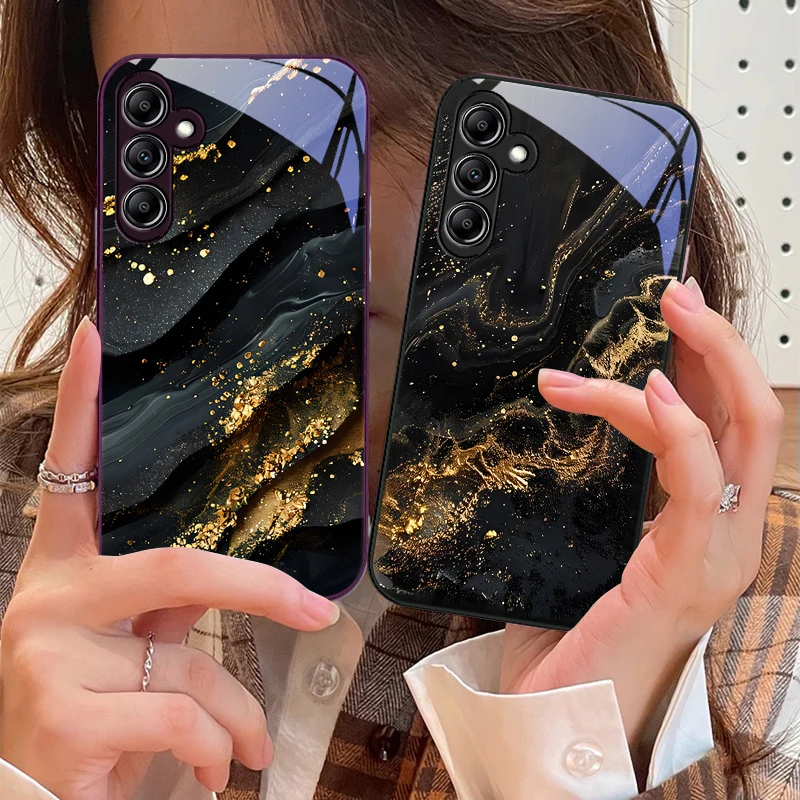 Dark Gilded Black For Samsung Galaxy A14 4G 20 30 52 20S 21S 22 A32 33 34 42 50 51 53 54 70 71 72 73 5G Glass Phone Case