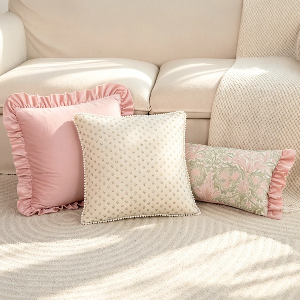 BUYNOW 1PC Pink Floral Jacquard Pearl Ruffle Pillowcase Without Filler Bohemian Pastoral Style CushionCover Sofa Home Decor