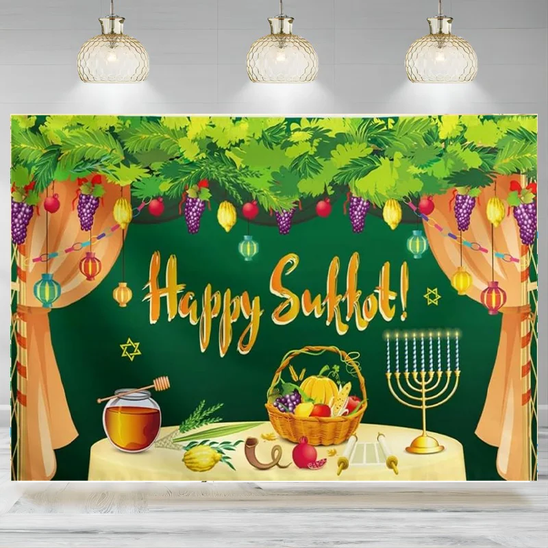 Happy Sukkot Decoration Backdrop Banner Hebrew Jewish Lulav Etrog Home Party Photographic Background