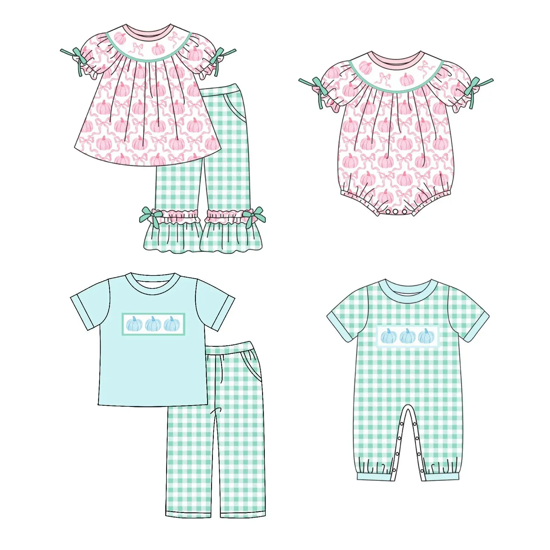 

Thanksgiving Day boutique children set short-sleeved elastic pumpkin printed trousers girl boy plaid trouser set baby romper