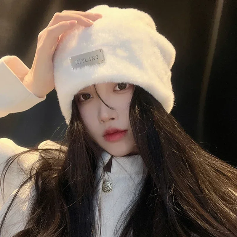 Casual Fake Rabbit Fur Cap Women Autumn Winter Warm Skullies Bonnet Hats Metal Label Polyester Thick Plush Loose Stack Beanies