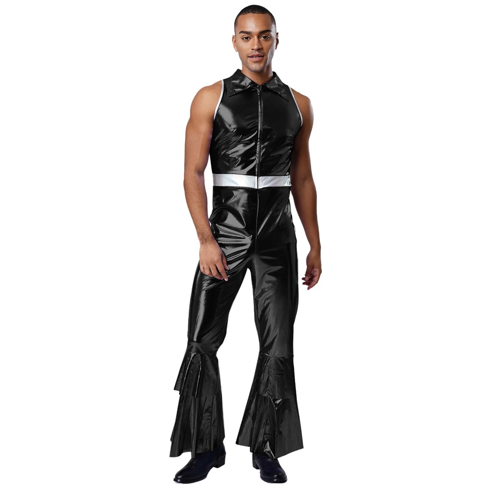 

Men's Fashion Shiny Black Flared Rompers for Disco Jazz Singer Musical Hippies Party Club Raves Stage Dance Performance Outfits