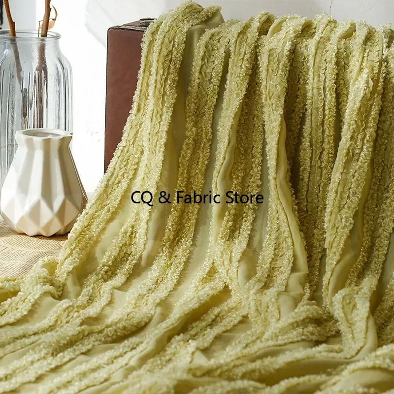 New Velvet Curly Embroidered Striped Cloth Fungus Embroidered Chiffon Fabric for Wedding Dress Clothing,By The Meter