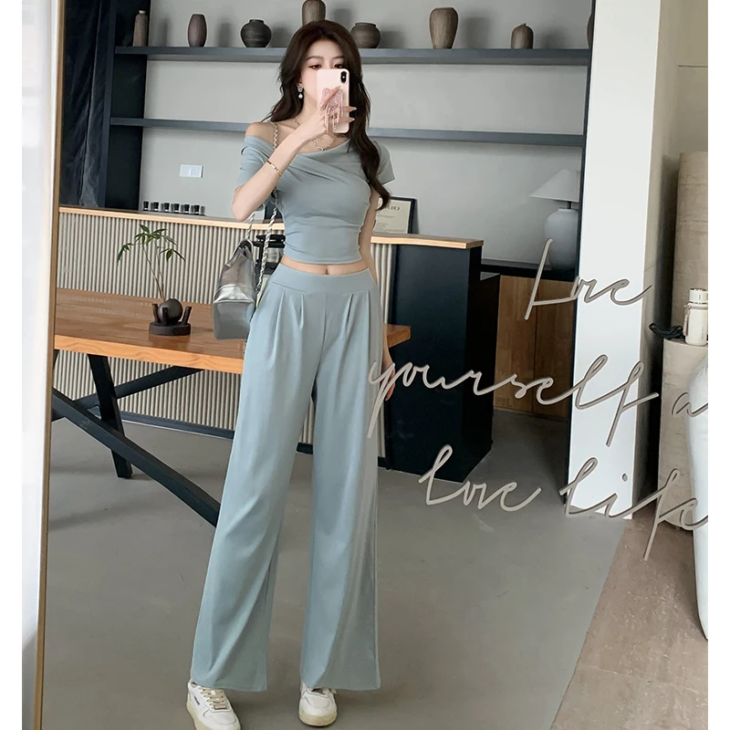 Nieuwe Zomer 2024 Solide Vrouwen Tweedelige Set Onregelmatige Off-Shoulder Top Lange Wijde Pijpen Broek Casual Mode Dames Sets Kleding