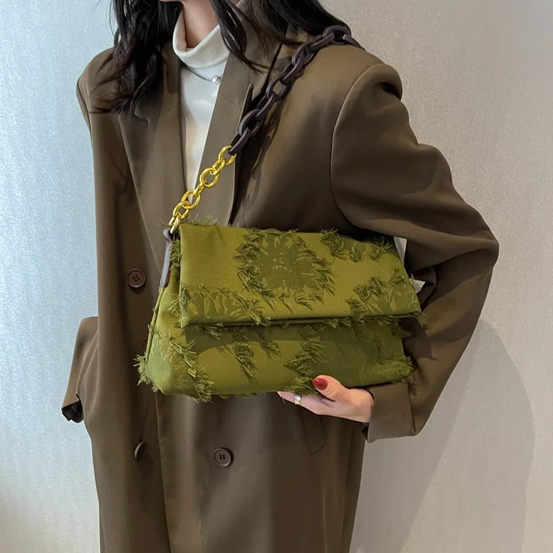 Retro Green Tassel Canvas Underarm Bags 2024 Autumn Women Chic Chains Handbags Ladies Temperament Shoulder Bag for Party