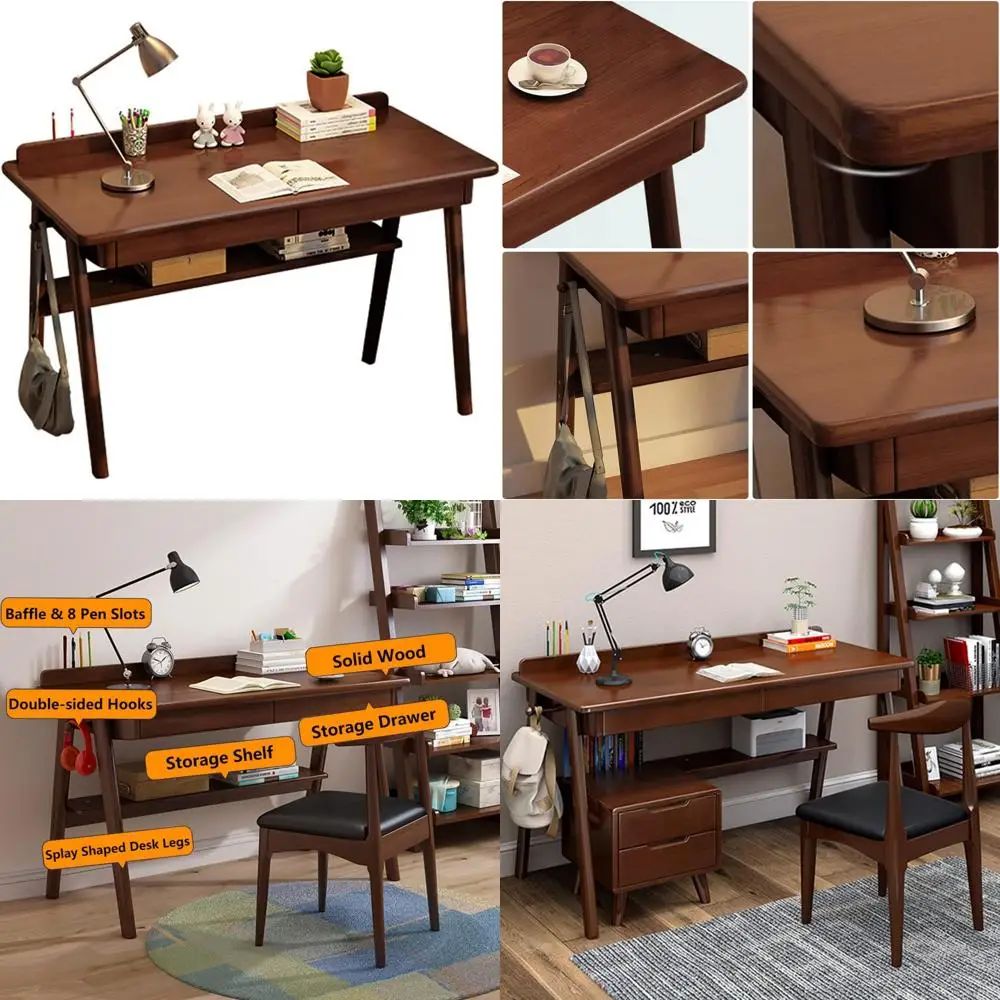 Solid Wood Writing Desk, 47 Mid-Century Modern Walnut Desk, Home Office Computer Desk with 2 Drawers and Storage Shelf, Laptop D