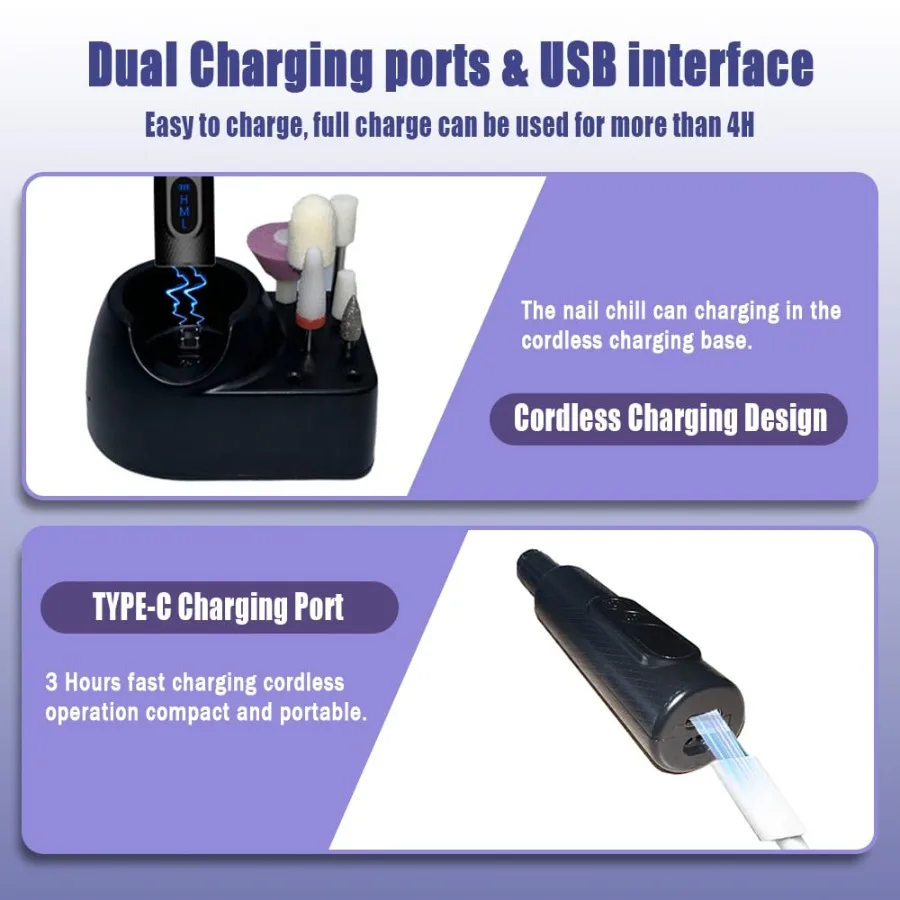 Bezprzewodowa elektryczna wiertarka do paznokci do użytku domowego: Zestaw do manicure i pedicure z akumulatorowym, szybkim szlifierką do paznokci do żelu akrylowego