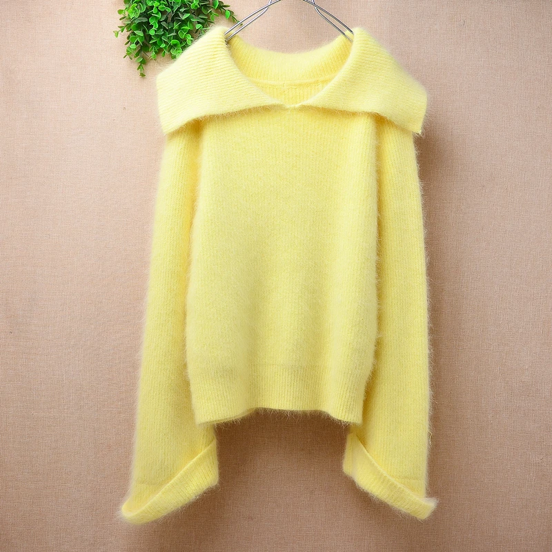 

Ladies Women Autumn Winter Clothng Yellow Hairy Angora Rabbit Hair Knitted Turn-Down Neck Long Sleeves Slim Blouses Sweater Pull