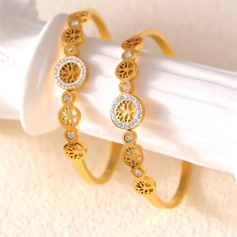 Hollow Life Tree Stainless Steel Bangle For Women Gold Plated Zircom Dubai Wedding Waterproof Women Bracelets Jewelry