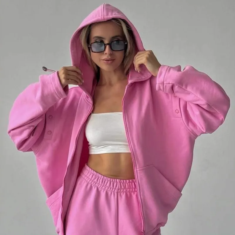 

Solid Color Zip-Up Hooded Jacket & Distressed Button Pants Two-Piece Active Set Trendy Streetwear Outfit 2025 New Women's
