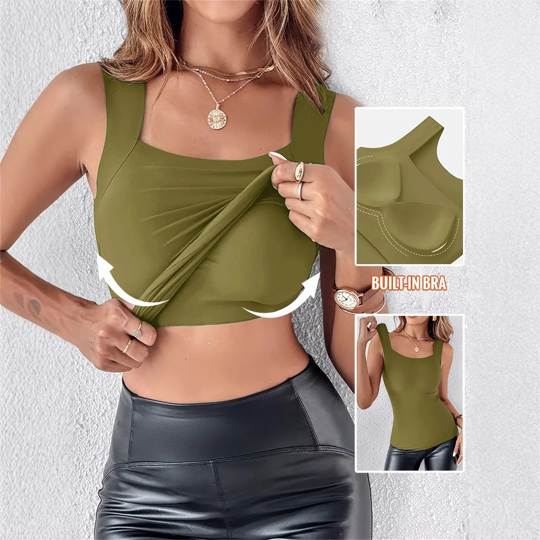 Women's Padded Solid Color U Neck Bodycon Knit Camisole for Home Gym Running Outdoor Work Wear Macaron Color Women's Top