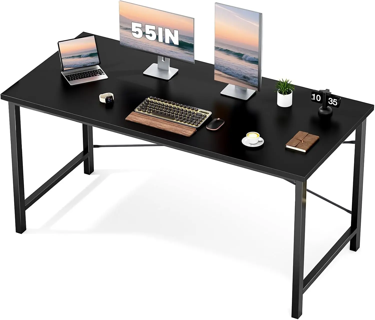 

55 Inch Modern Wooden Desk with Metal Frame for Home Office Study Writing Work - Black