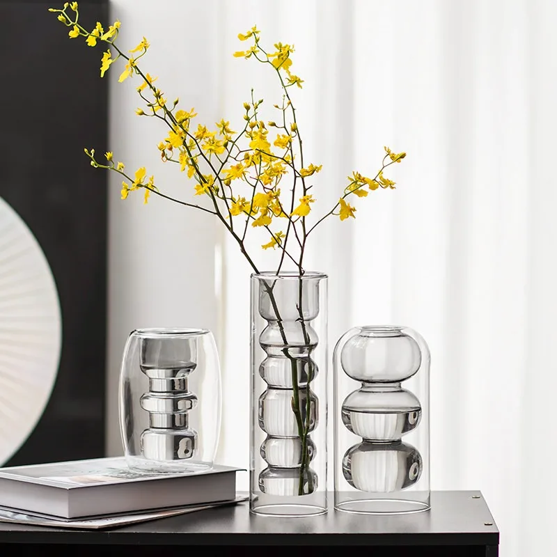 Modern Glass Vase Grey Hydroponic Flower Bottle Geometry Vase Planter Desktop Decoration Ornament Home Decor Accessories