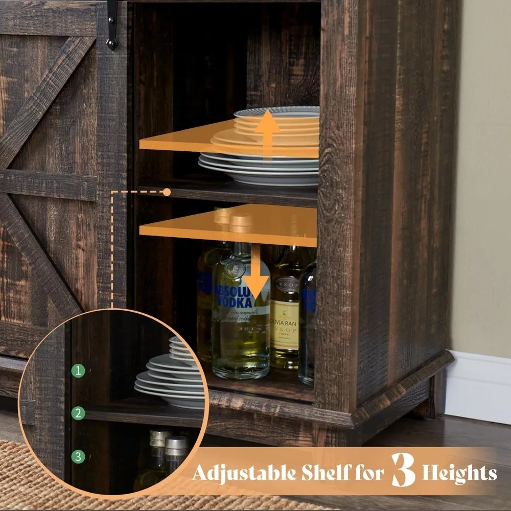 AMERLIFE Coffee Bar Cabinet with Sliding Barn Door, 72'' Farmhouse Kitchen Sideboard, Buffet Storage Table, Wine Glass Racks,