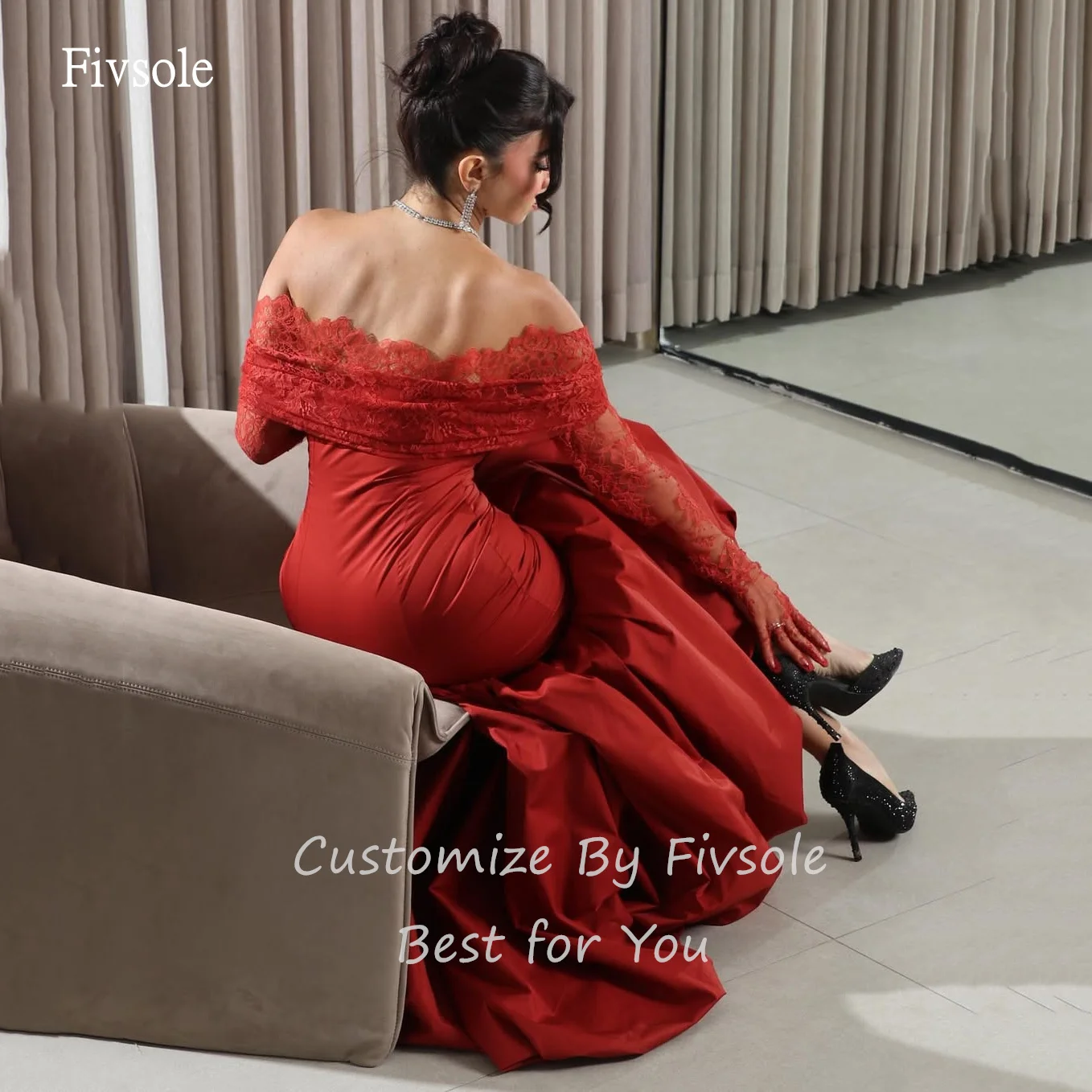 

Fivsole Red Lace Off The Shoulder Mermaid Prom Gowns Flower Asymmetric Party Gown Floor Length Evening Dress Customized