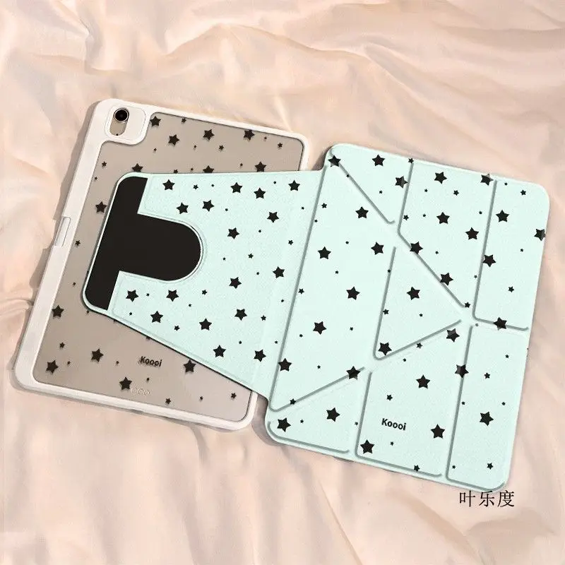 Ins Green Stars iPad Case For iPad Pro 11 13in 2025 iPad Pro 12.9in Air7 10th 11th M4/5 Anti-fall Protective Rotate Y-Fold Cover