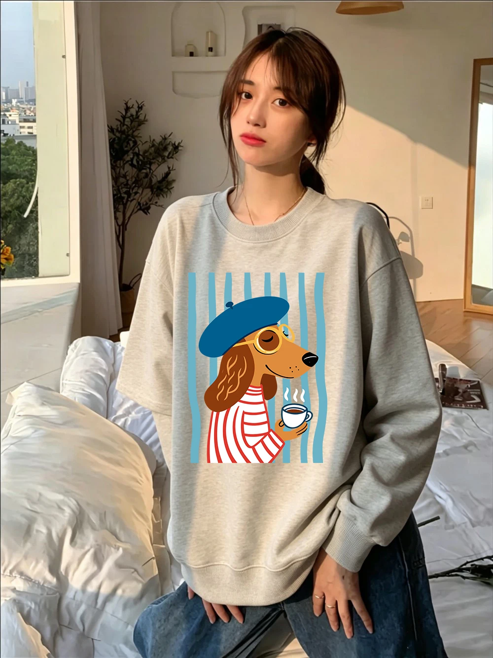 Sweatshirt mit französischer Dackel-Illustration, für Damen, lockerer, sportlicher Kapuzenpullover, Fleece, warm, Rundhalsausschnitt, Herbst, weiche Damenkleidung – Detail 13