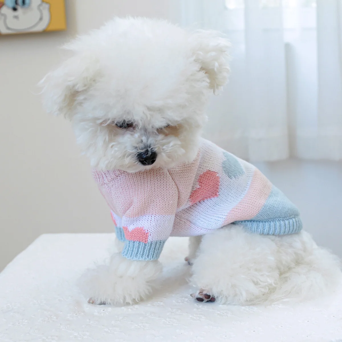 1PC Pet Clothing Dog Cat Spring and Autumn Hoodie Blue Pink Love Jacquard Sweater Suitable for Small and Medium sized Dogs