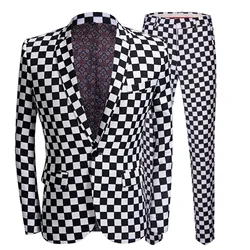 Elegant Men's Casual High-end Black & White Tartan Plaid Party Suit Jacket Pants/Male Slim Two Pieces Coat Trousers Blazer Sets